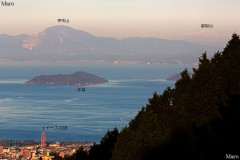 比叡山から御嶽山、伊吹山、琵琶湖、沖島、大観覧車「イーゴス108」を望む 2012年11月
