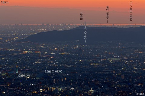 比叡山から大阪湾、コスモタワー、友ヶ島、青い京都タワーなどを望む 2012年11月