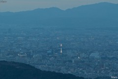 大文字山の山頂（三角点）から改修工事中の京都タワー（点灯直後）を望む 2013年2月