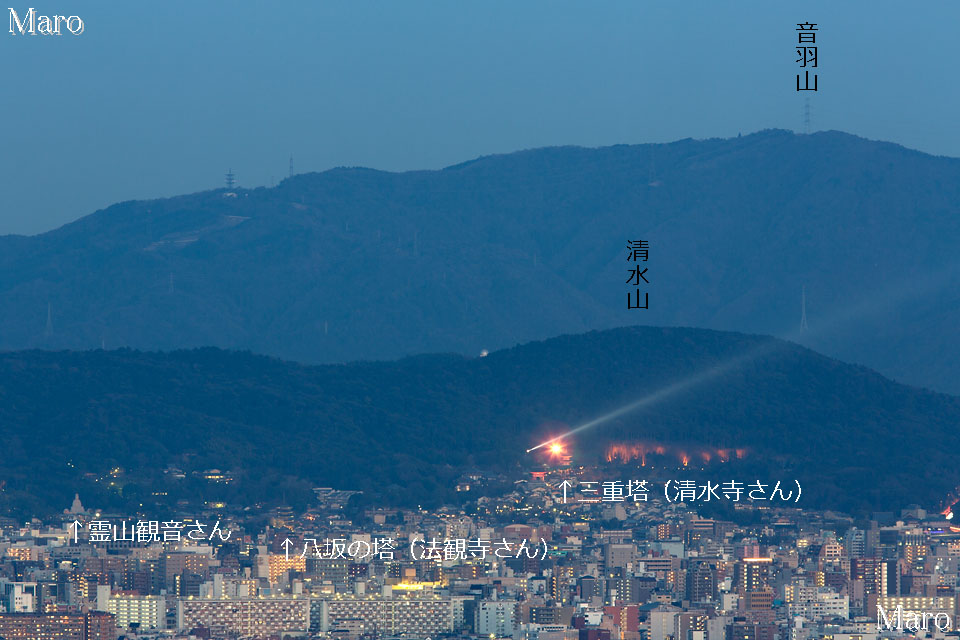 小倉山から日没後の東山方面を望む 清水寺、八坂の塔、霊山観音など 2013年3月
