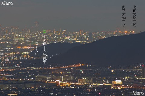 大文字山からコスモタワー、天保山大観覧車の夜景を遠望 2013年10月