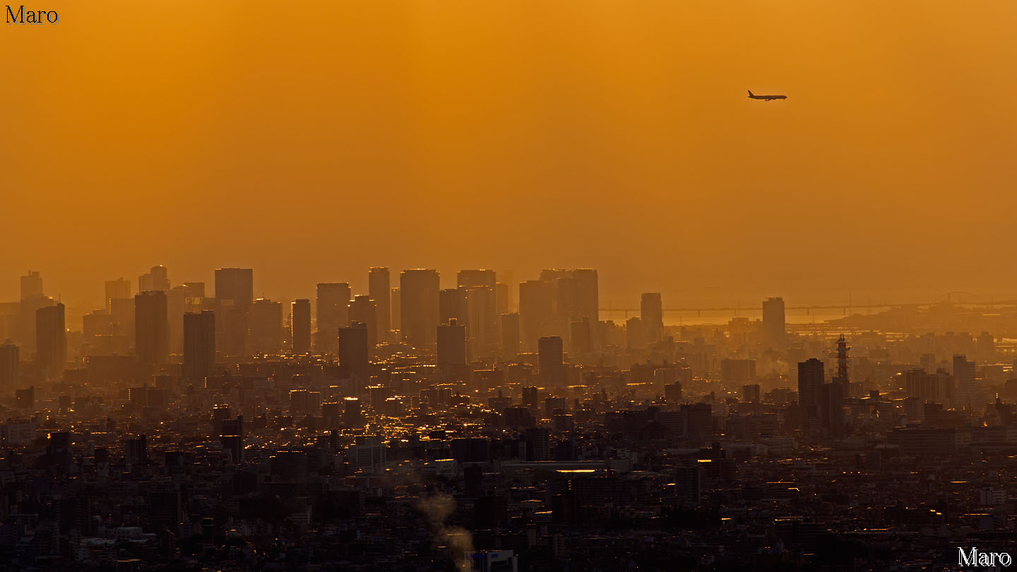 交野山から夕日差す大阪都心部の高層ビル群と飛行機を望む 2013年11月