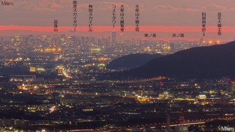 大文字山から大阪港、コスモタワー、天保山、梅田スカイビルなどの夜景を望む 2013年11月