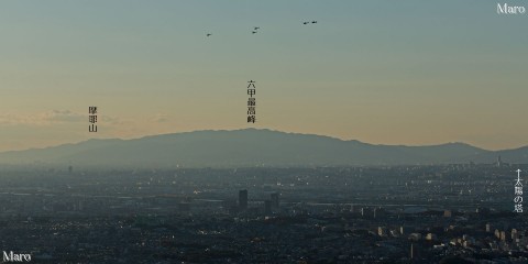 交野山から六甲山、摩耶山と編隊飛行するヘリコプターを望む 2013年11月