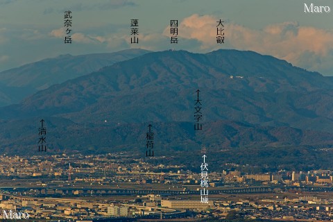 交野山から伏見桃山城、大文字山、比叡山、蓬莱山などを望む 2013年11月