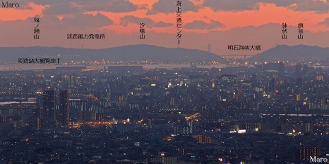 交野山から明石海峡大橋、大阪湾、淡路島の夜景を望む 2013年11月