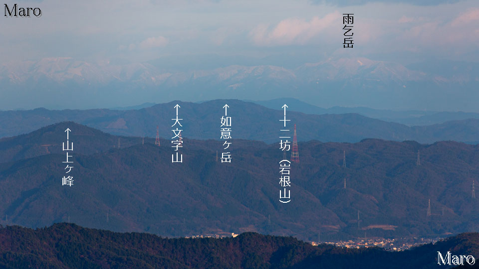 能勢の剣尾山から京都の大文字山、如意ヶ岳、鈴鹿の雨乞岳を遠望 2013年12月