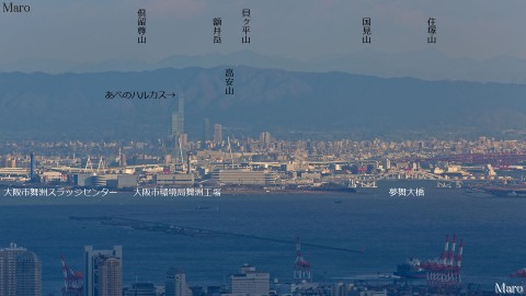 六甲山系の菊水山から大阪の「あべのハルカス」、高安山、大阪北港を遠望 2013年12月