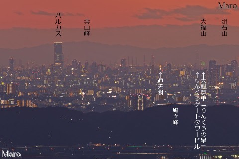 大文字山から「あべのハルカス」全面開業カウントダウン「61」と通天閣を遠望 1月5日
