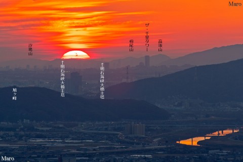 京都市から明石海峡大橋主塔の向こうに沈む夕日を望む 2014年1月