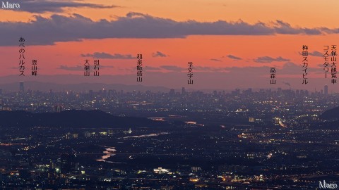 京都の大文字山から大阪の高層ビル群（ビル街）の夜景を望む 2014年1月
