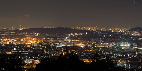 荒神峰（稲荷山）から京都南部の夜景、遠くに大阪の夜景を望む 2014年3月