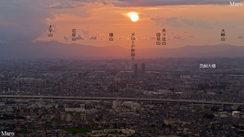 河内飯盛山から大阪平野北部と六甲山系や北摂山系、夕日を観望 2014年8月