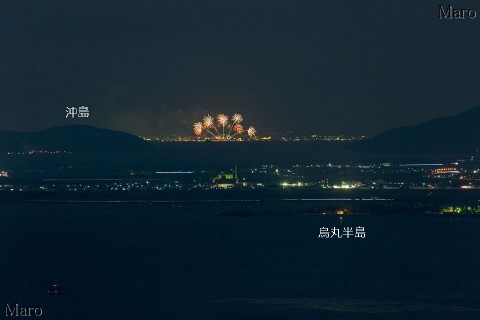逢坂山から長浜の花火大会、琵琶湖、烏丸半島、湖岸道路、沖島を望む 2014年8月