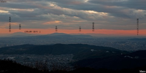 大文字山から金剛山、生駒山、和泉山脈、建設中の「あべのハルカス」を望む 2012年1月