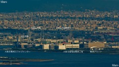 摩耶山から舞洲の煙突、此花大橋、天保山大橋、天保山大観覧車などを遠望 2014年9月