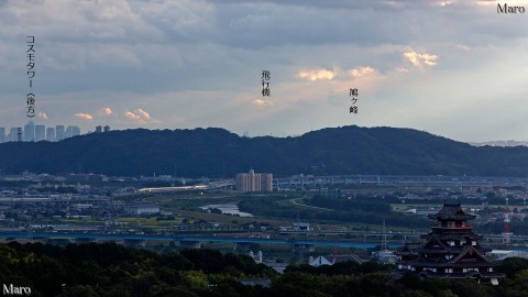 大岩山展望所から伏見桃山城と宇治川、鳩ヶ峰、コスモタワーを望む 2014年9月