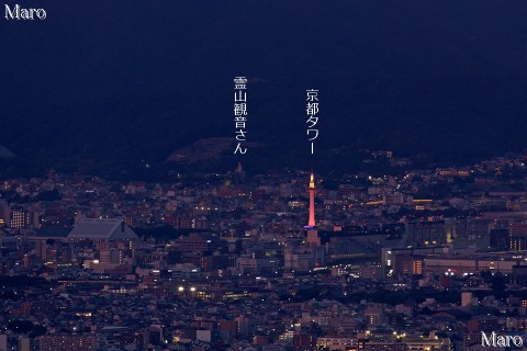 釈迦岳の展望台からピンク色にライトアップされた京都タワーを望む 2014年10月
