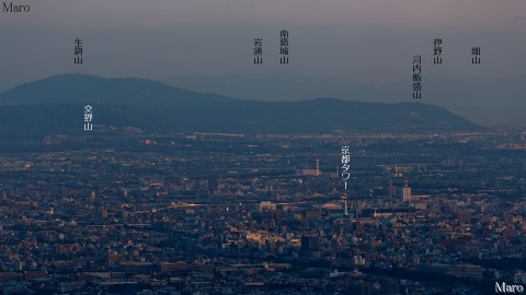 金毘羅山から和泉山脈東部、生駒山、京都タワーを望む 2014年5月