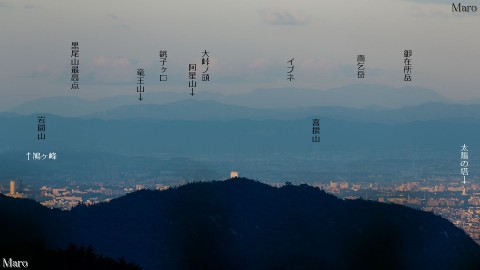 摩耶山から御在所岳、雨乞岳など鈴鹿山脈中核部の山々、太陽の塔を望む 2014年9月