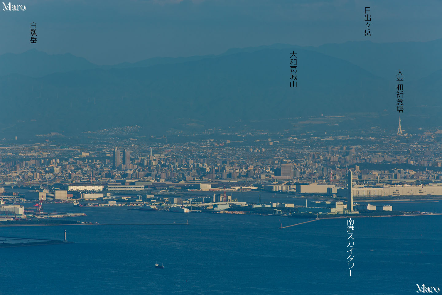 摩耶山から大台ヶ原山、PLの塔、堺市、南港スカイタワーを望む 2014年9月