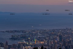 日没後の摩耶山から眼下に神戸港方面の夕景、遠くに友ヶ島、四国東端まで一望する