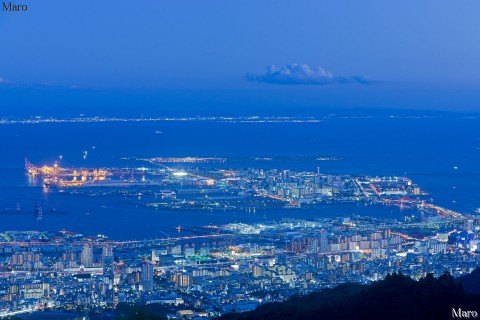 摩耶山の掬星台からポートアイランド、神戸空港、関西国際空港の夜景を望む 2014年9月