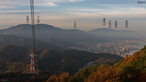 音羽山の中腹から比叡山、比良山地、琵琶湖、大津、紅葉を望む 2014年11月