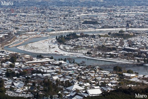 小倉山から雪積もる嵐山公園、天龍寺さん、桂川、渡月橋を眼下に望む 2015年1月