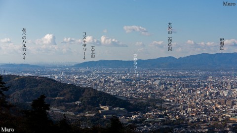 新年を迎えた大文字山の火床から京都タワーと「あべのハルカス」を望む 2015年1月1日