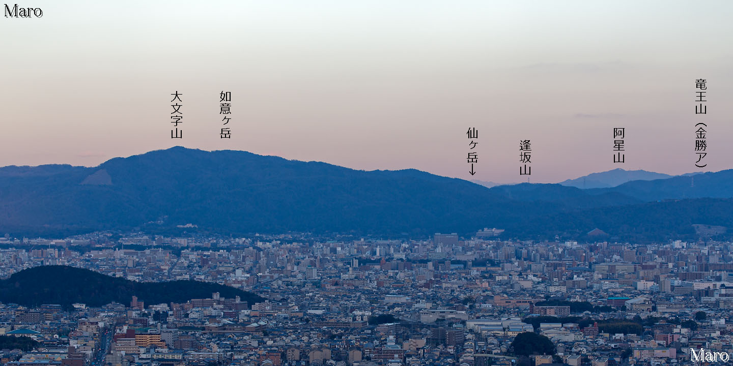 小倉山から大文字山と京都、遠くに鈴鹿山脈の仙ヶ岳を望む 2014年3月