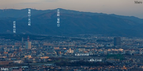 小倉山の展望地から鷲峰山と桂川橋梁を渡る新幹線を望む 2014年3月