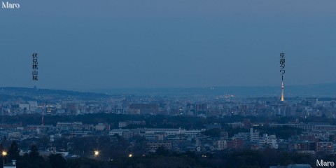 「大田の小径」から黄色にライトアップされた京都タワーと伏見桃山城を望む 2015年3月