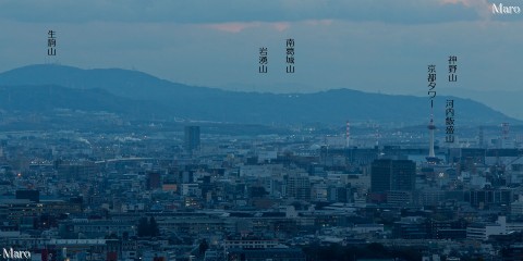 松ヶ崎東山（「法」）から生駒山と京都タワー、遠くに和泉山脈を望む 2015年3月