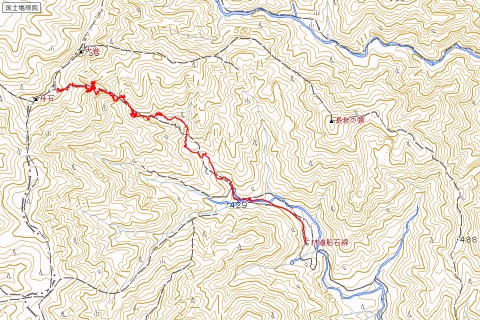鈴鹿南部 船石谷からコスギ谷を詰め、大岩と舟石の間に出るまでのコースマップ
