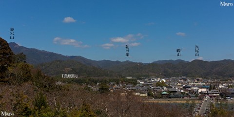 法輪寺から嵐山渡月橋、愛宕山、五山送り火「鳥居形」の字跡を望む 2015年3月