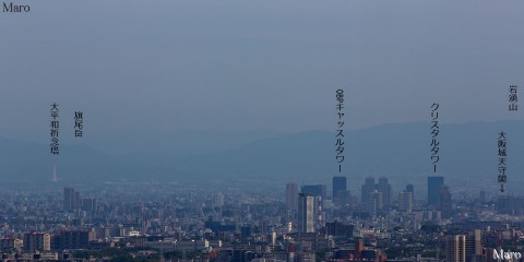 彩都なないろ公園から大阪城、大平和祈念塔（PLの塔）、OBPビル群を望む 2015年4月