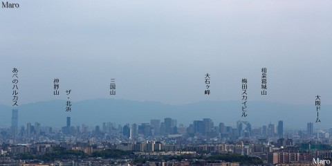 彩都なないろ公園から梅田スカイビル、あべのハルカス、大阪ドームを遠望する 2015年4月