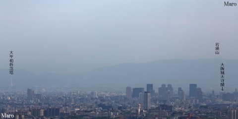 彩都 川合裏川「せせらぎ橋」からPLの塔（PLタワー）、岩湧山を遠望 2015年4月