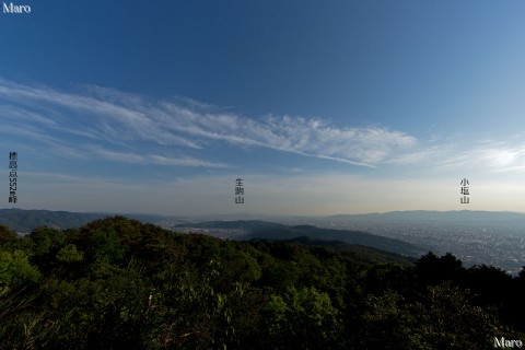 大文字山の山頂から超広角の展望風景 醍醐山地、山科盆地、生駒山、京都西山 2015年5月