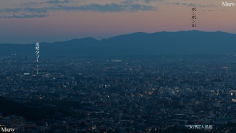 黄緑色にライトアップされた京都タワーを大文字山の火床から望む 2015年5月