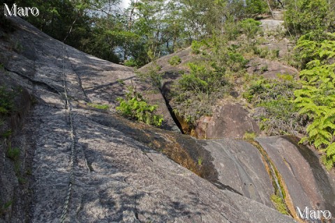 大きな一枚岩と固定ロープ 金勝アルプス 鶏冠山と天狗岩の分岐へ 2015年7月