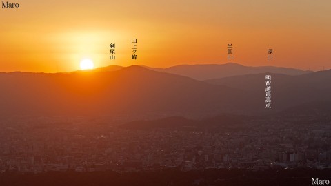 北摂は剣尾山の向こうに沈む夕日を大文字山の火床から望む 2015年10月