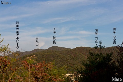 鷹峯三山と左大文字山を船岡山の山頂（三角点広場）から眼前に望む 京都市 2015年11月