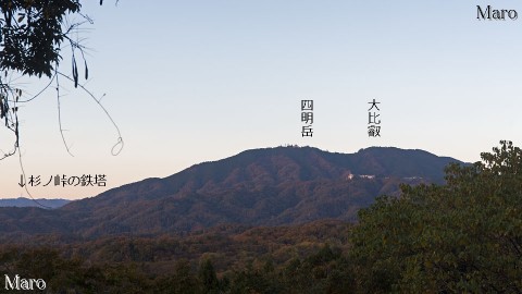 大文字山・如意ヶ岳「うぐいす峠」付近から紅葉する比叡山、花背の鉄塔を望む 2015年11月