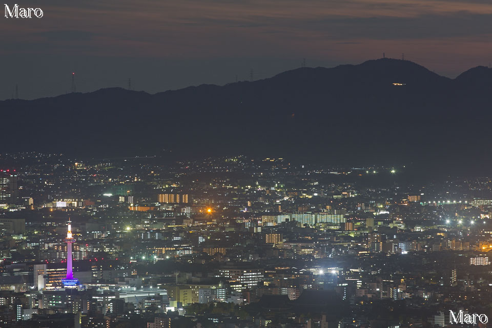 パープルにライトアップされた京都タワーと夜景を大文字山の火床から望む 2015年11月