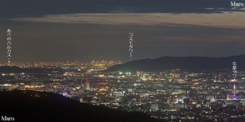 大文字山 火床から紫の京都タワーとコスモタワー、あべのハルカスを遠望 2015年11月