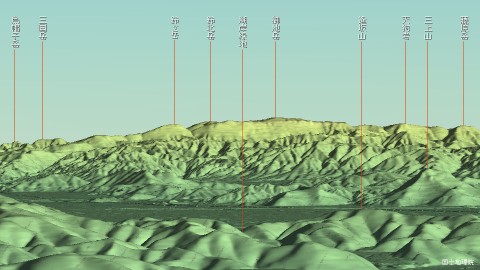 ポンポン山の山頂から逢坂山、琵琶湖、湖岸緑地、大津港方面の展望予想図