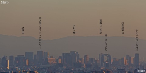 彩都なないろ公園から大阪都心部の高層ビル街、梅田スカイビル、和泉葛城山を遠望