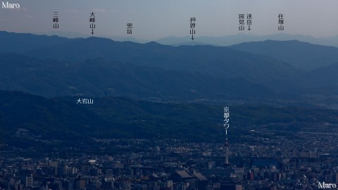 鷹峯三山 桃山の見晴台から京都タワー、大岩山、三峰山を遠望 2015年11月